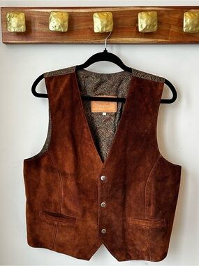 Vintage Italian Suede Brown Vest Paisley Back Western Boho size Large